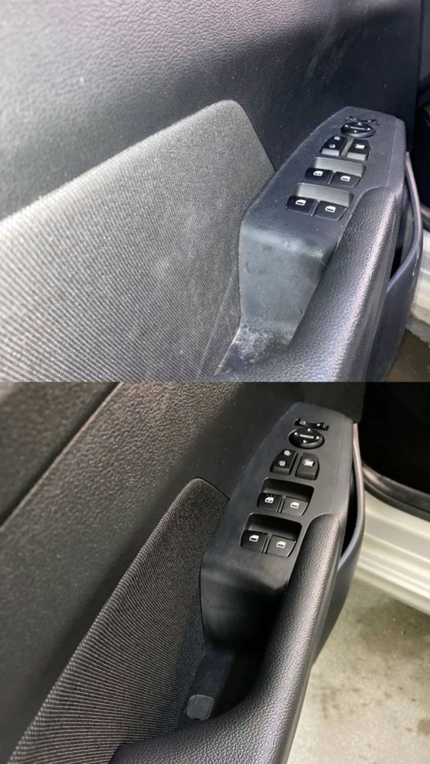 Vehicle door panel before and after cleaning