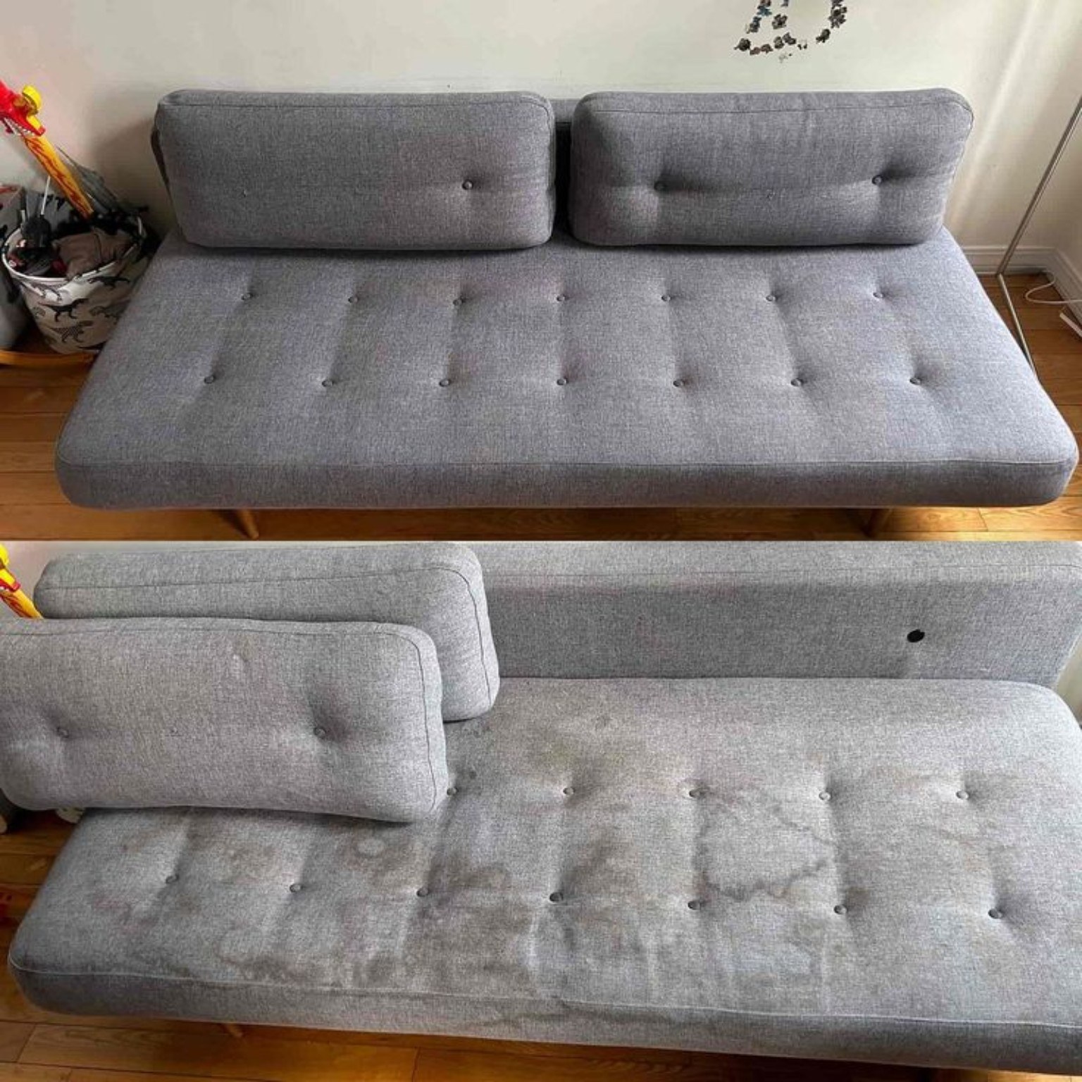 Gray futon sofa before and after cleaning