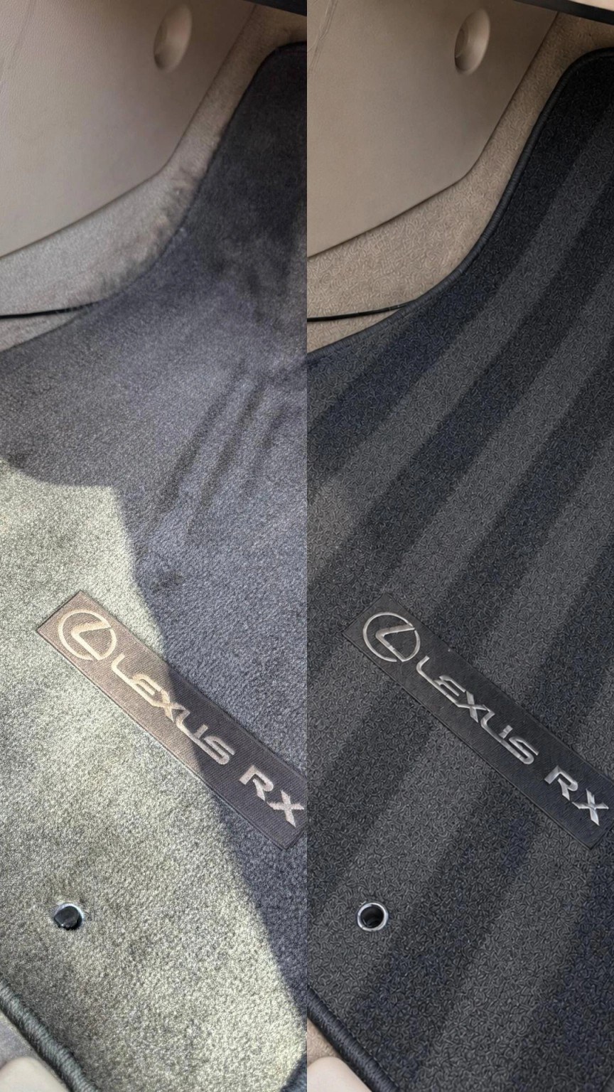 Lexus RX passenger floor mat before and after cleaning