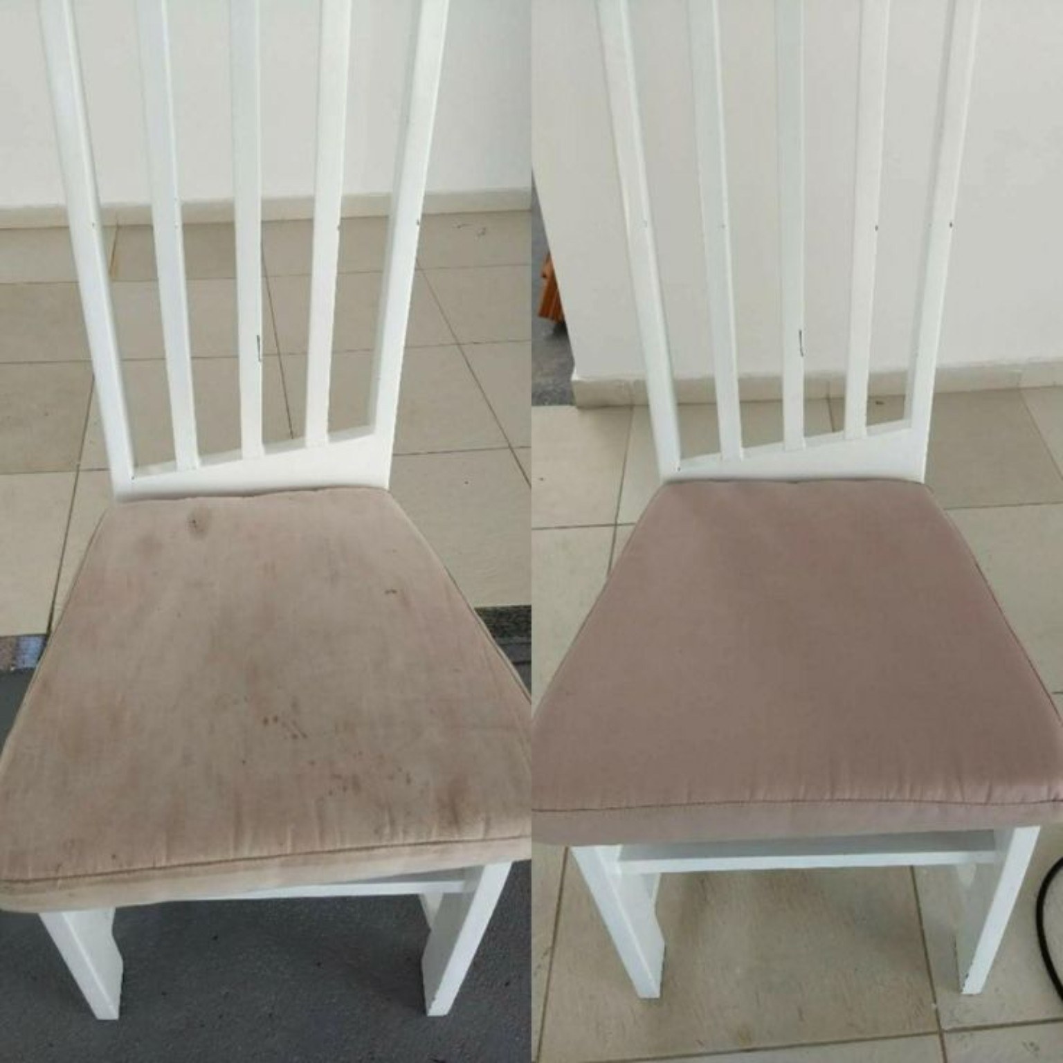 White dining chair before and after cleaning